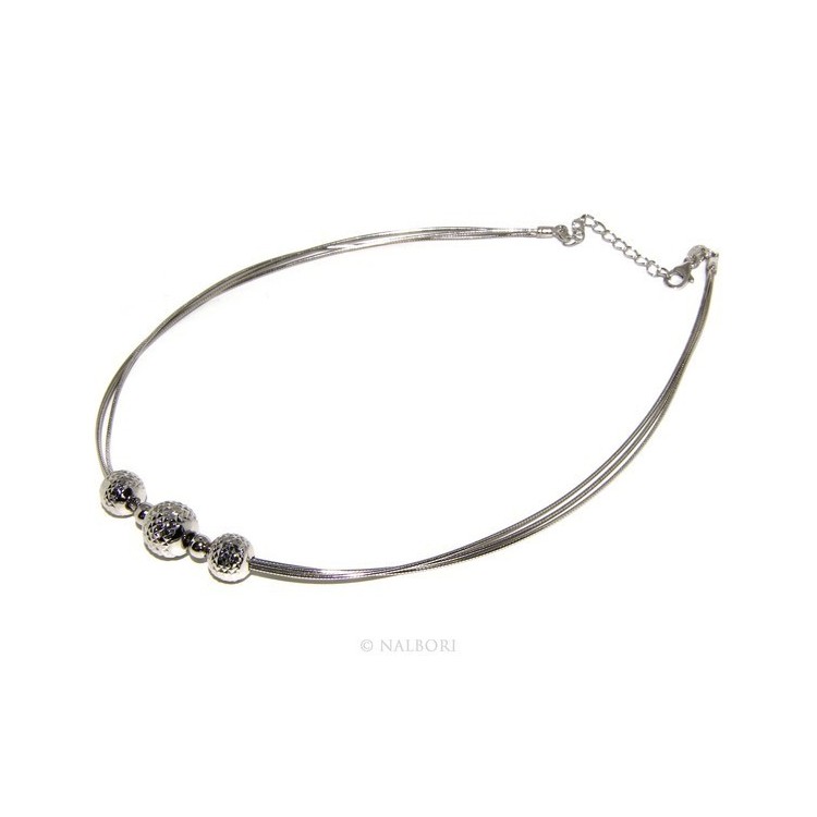 NSA|Argento 925 : Collana donna girocollo a 3 fili omega con sfere diamantate a gradazione