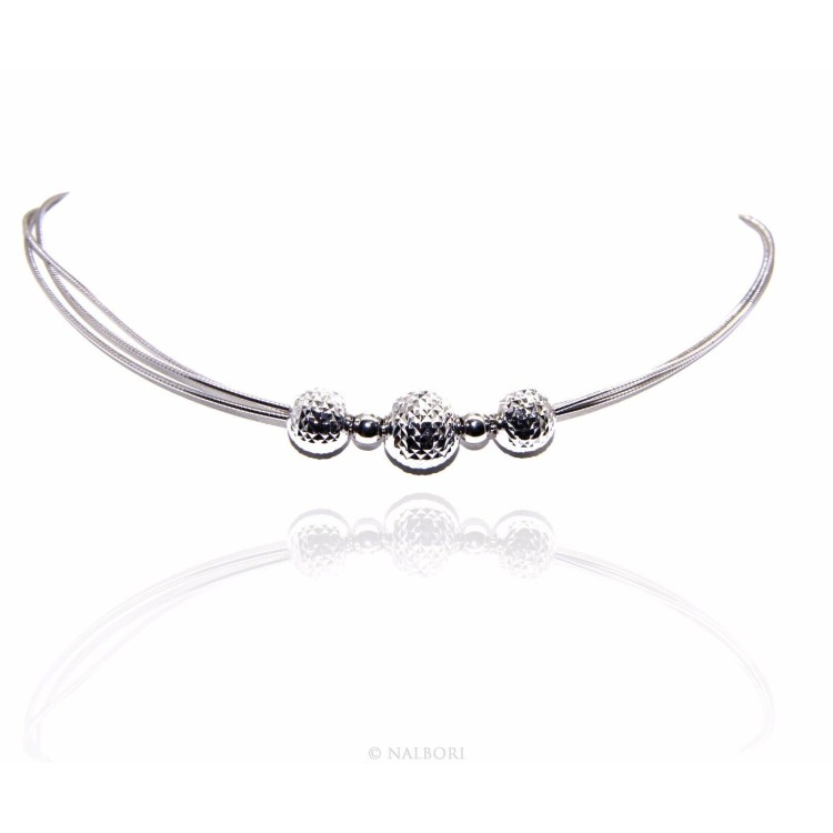 NSA|Collana argento 925 a 3 fili omega con sfere diamantate a gradazione girocollo