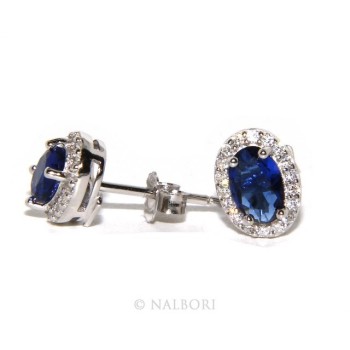 NSA|Argento 925 : orecchini donna stud bottone oval pietra zirconia cubica blu blue sapphire bluette 6x8