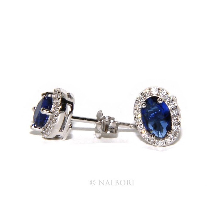 NSA|925: Women button stud earrings oval stone blue cubic zirconia blue cornflower blue sapphire 6x8