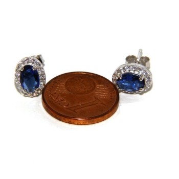 NSA|925: Women button stud earrings oval stone blue cubic zirconia blue cornflower blue sapphire 6x8