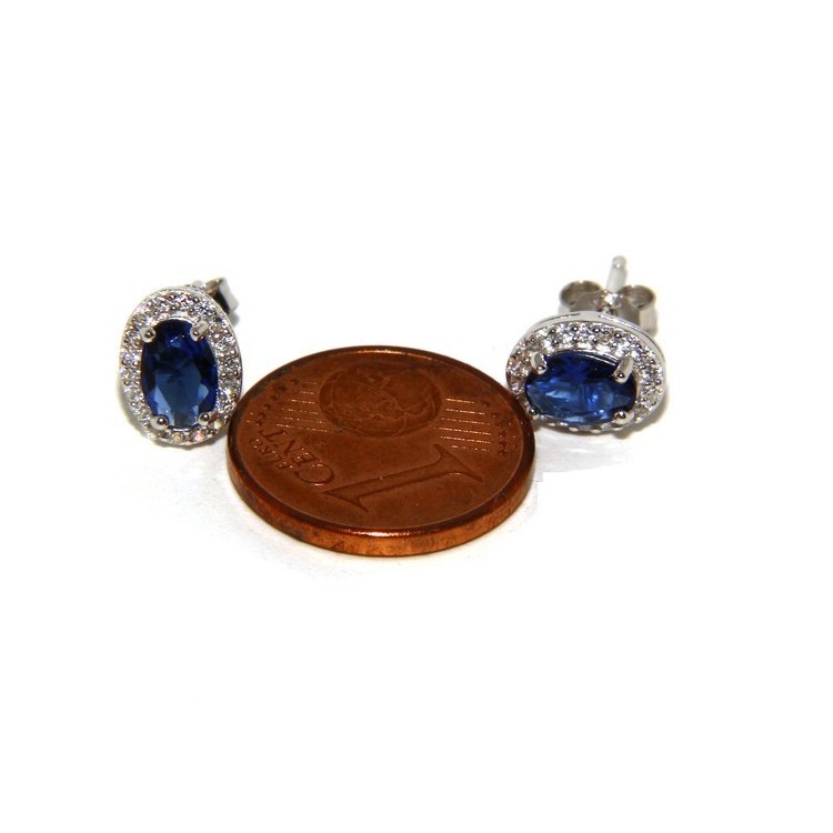 NSA|925: Women button stud earrings oval stone blue cubic zirconia blue cornflower blue sapphire 6x8
