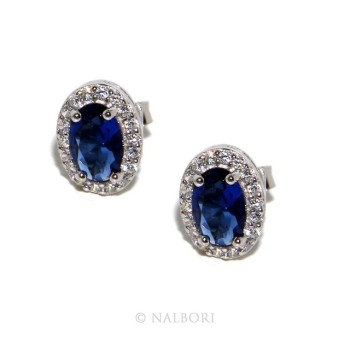 NSA|925: Women button stud earrings oval stone blue cubic zirconia blue cornflower blue sapphire 6x8