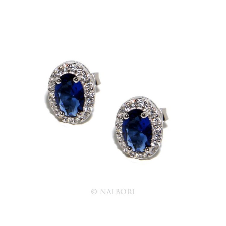 NSA|925: Women button stud earrings oval stone blue cubic zirconia blue cornflower blue sapphire 6x8