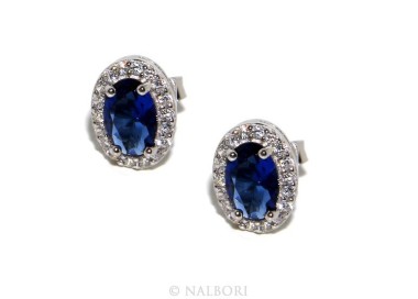 NSA|Argento 925 : orecchini donna stud bottone oval pietra zirconia cubica blu blue sapphire bluette 6x8