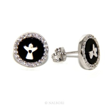 NSA|925: pair of earrings 10mm black onyx circle man woman button zirconia and angel
