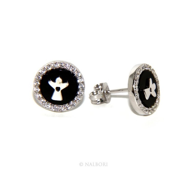 NSA|Argento 925 : coppia di orecchini 10mm uomo donna bottone onice cerchio nero pavè zirconi e angelo