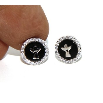 NSA|Argento 925 : coppia di orecchini 10mm uomo donna bottone onice cerchio nero pavè zirconi e angelo