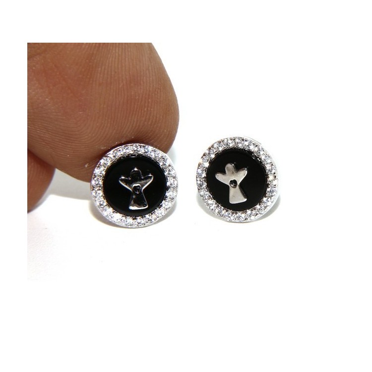 NSA|Argento 925 : coppia di orecchini 10mm uomo donna bottone onice cerchio nero pavè zirconi e angelo