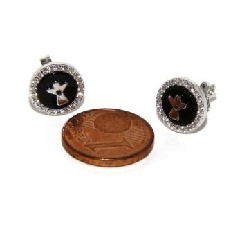 NSA|Argento 925 : coppia di orecchini 10mm uomo donna bottone onice cerchio nero pavè zirconi e angelo