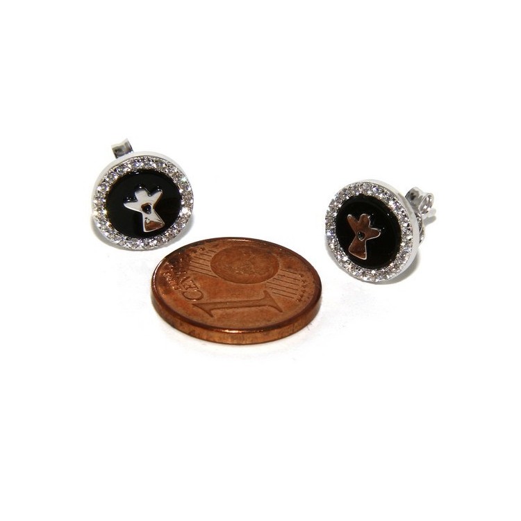 NSA|Argento 925 : coppia di orecchini 10mm uomo donna bottone onice cerchio nero pavè zirconi e angelo