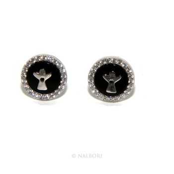 NSA|Argento 925 : coppia di orecchini 10mm uomo donna bottone onice cerchio nero pavè zirconi e angelo