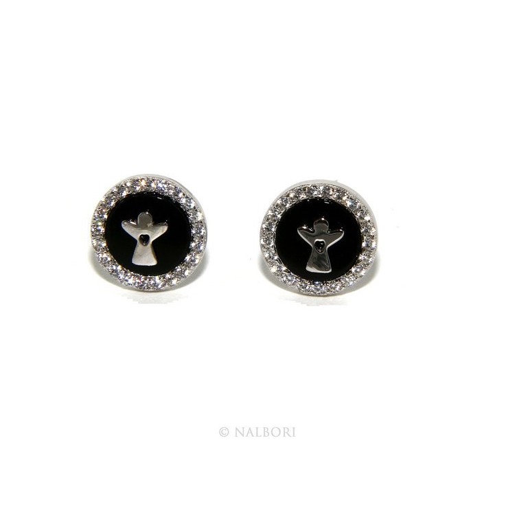 NSA|Argento 925 : coppia di orecchini 10mm uomo donna bottone onice cerchio nero pavè zirconi e angelo
