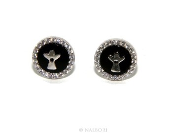 NSA|Argento 925 : coppia di orecchini 10mm uomo donna bottone onice cerchio nero pavè zirconi e angelo