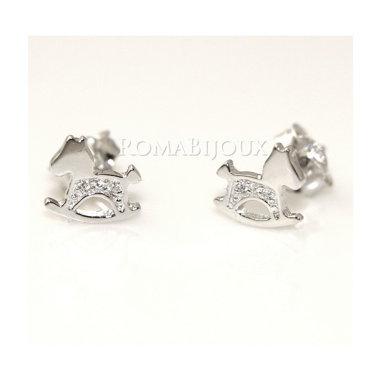 NSA|Argento 925 : orecchini donna ragazza bambina stud cavallo a dondolo pave' di zirconi bianchi