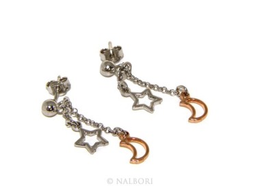 NSA|Argento 925 : orecchini pendenti con catena rolo' pallina ciondolo stella luna rosè
