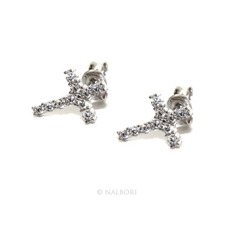 NSA|925: earrings man / woman light cross stitch white pavé zirconia 11x8