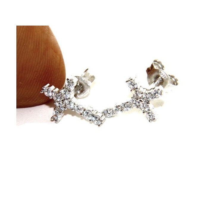 NSA|925: earrings man / woman light cross stitch white pavé zirconia 11x8