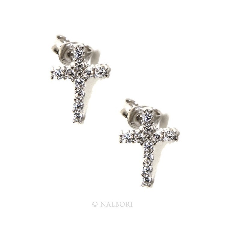 NSA|925: earrings man / woman light cross stitch white pavé zirconia 11x8