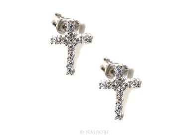 NSA|925: earrings man / woman light cross stitch white pavé zirconia 11x8