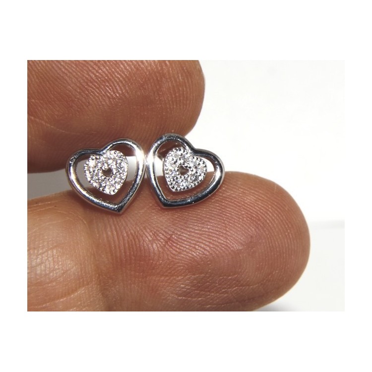 NSA|Argento 925 : orecchini donna punto luce doppio cuore pavè zircone bianco