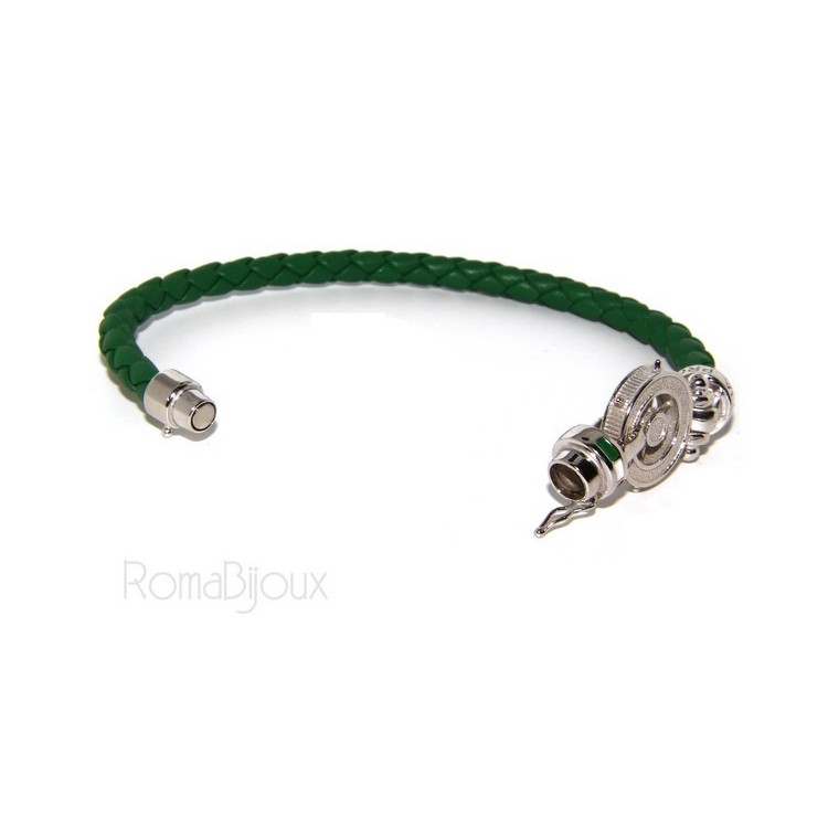 NSA|ARGENTO 925 : Bracciale uomo massiccio pelle con timone e serigrafie made in italy verde