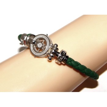 NSA|SILVER 925: big man leather bracelet with rudder and serigraphs made in italy green