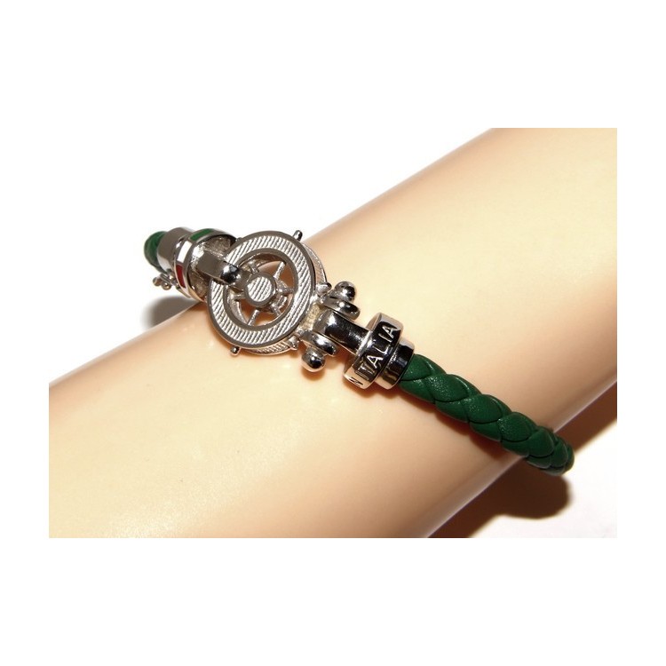 NSA|SILVER 925: big man leather bracelet with rudder and serigraphs made in italy green