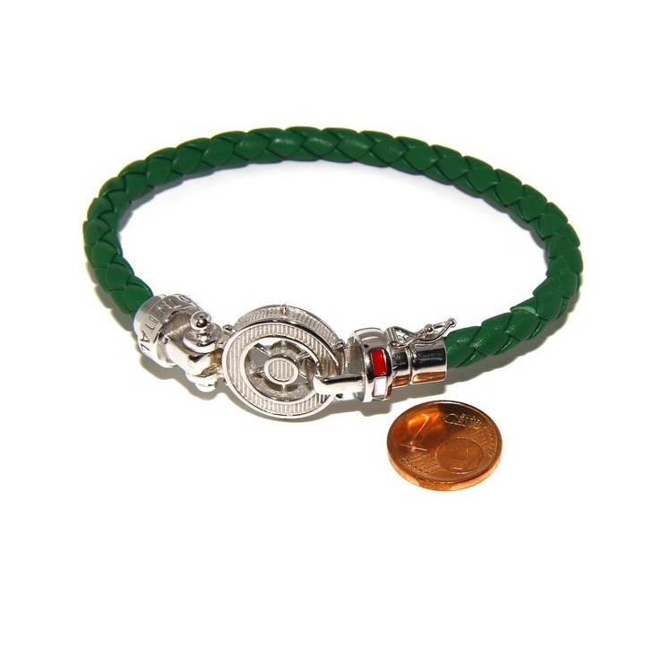 NSA|ARGENTO 925 : Bracciale uomo massiccio pelle con timone e serigrafie made in italy verde