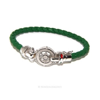 NSA|ARGENTO 925 : Bracciale uomo massiccio pelle con timone e serigrafie made in italy verde