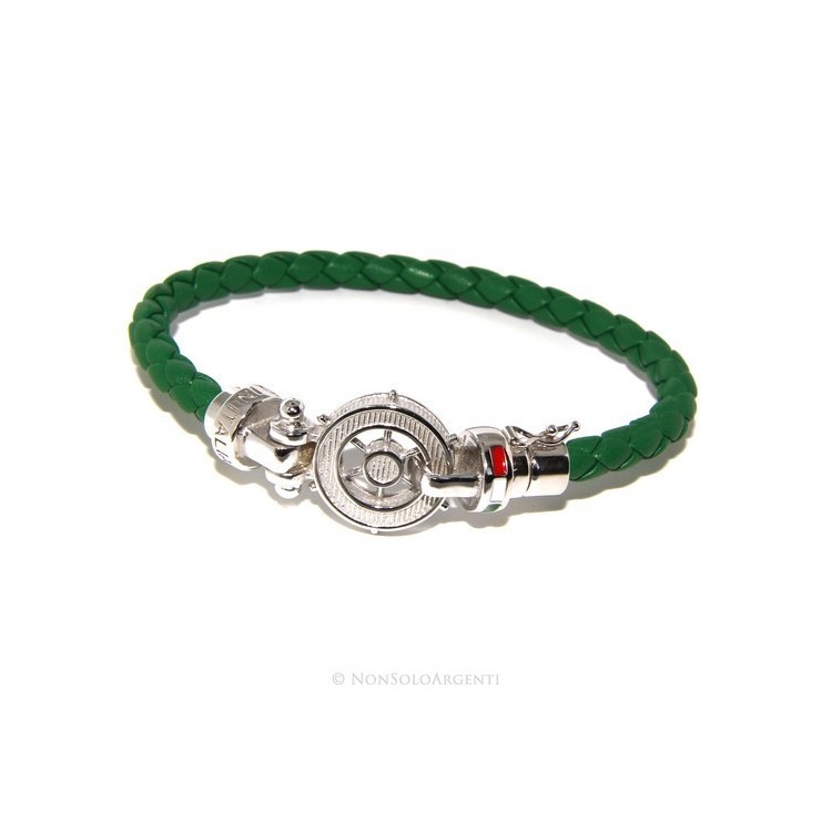 NSA|SILVER 925: big man leather bracelet with rudder and serigraphs made in italy green