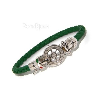 NSA|SILVER 925: big man leather bracelet with rudder and serigraphs made in italy green