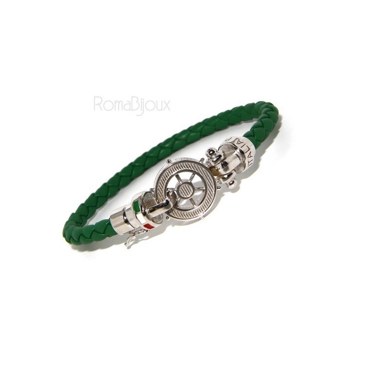 NSA|SILVER 925: big man leather bracelet with rudder and serigraphs made in italy green