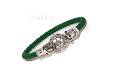 NSA|ARGENTO 925 : Bracciale uomo massiccio pelle con timone e serigrafie made in italy verde