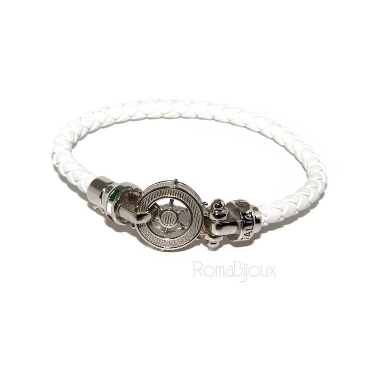NSA|SILVER 925: big man leather bracelet with rudder and serigraphs made in italy white