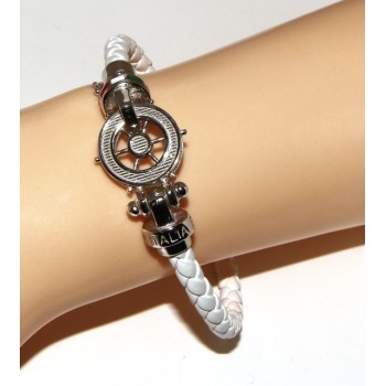 NSA|SILVER 925: big man leather bracelet with rudder and serigraphs made in italy white