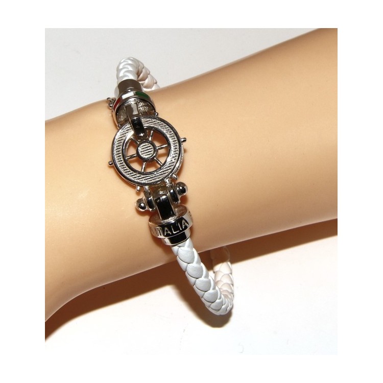 NSA|SILVER 925: big man leather bracelet with rudder and serigraphs made in italy white