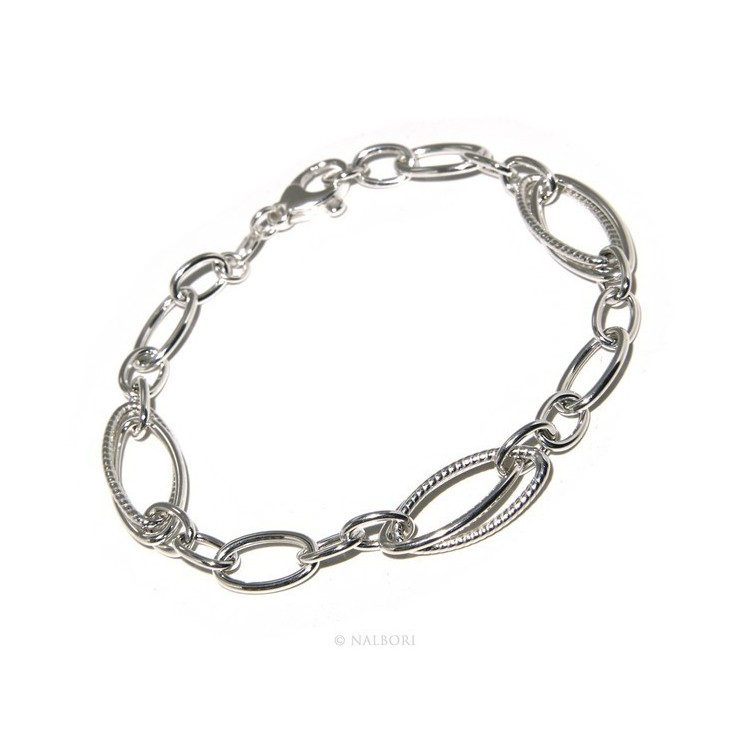 NSA|Bracciale donna in Argento 925 non rodiato, ovali brillantati e lisci 18,50 cm
