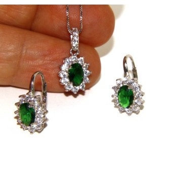 NSA|Parure argento 925 collana ciondolo orecchini donna oval pave' zirconi e punto luce verde emerald