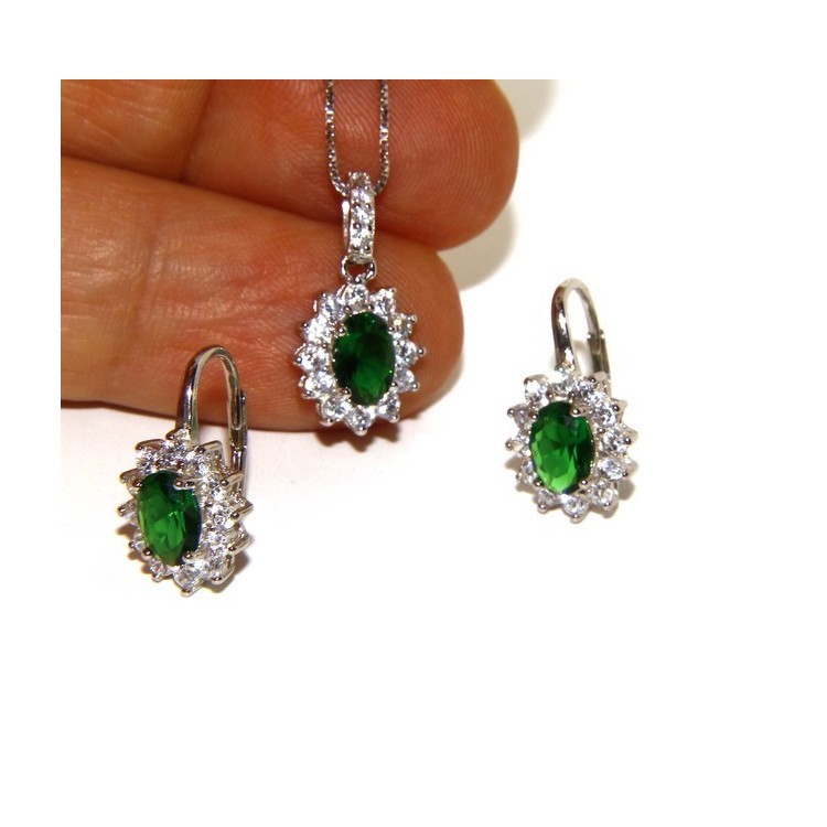 NSA|Parure 925 sterling silver pendant necklace jewelry lady oval pave 'zirconia and green emerald light point