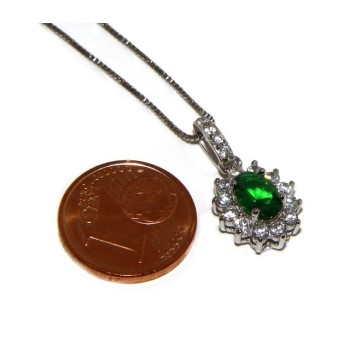 NSA|Parure argento 925 collana ciondolo orecchini donna oval pave' zirconi e punto luce verde emerald