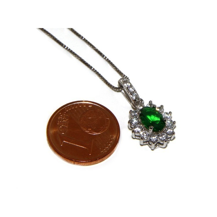 NSA|Parure argento 925 collana ciondolo orecchini donna oval pave' zirconi e punto luce verde emerald