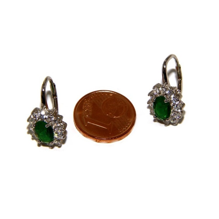 NSA|Parure argento 925 collana ciondolo orecchini donna oval pave' zirconi e punto luce verde emerald