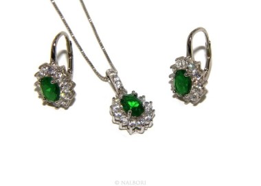 NSA|Parure argento 925 collana ciondolo orecchini donna oval pave' zirconi e punto luce verde emerald