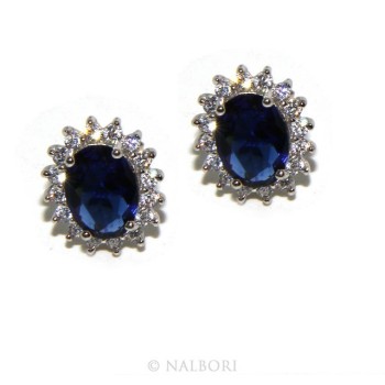 NSA|Parure argento 925 collana ciondolo orecchini donna big oval pave' zirconi e punto luce blu sapphire
