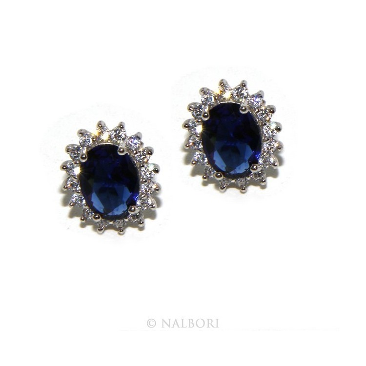 NSA|Parure argento 925 collana ciondolo orecchini donna big oval pave' zirconi e punto luce blu sapphire