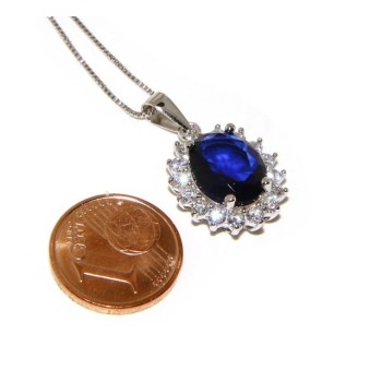 NSA|Parure argento 925 collana ciondolo orecchini donna big oval pave' zirconi e punto luce blu sapphire