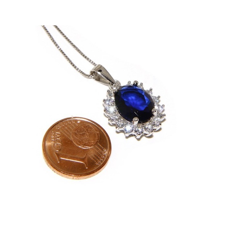 NSA|Parure argento 925 collana ciondolo orecchini donna big oval pave' zirconi e punto luce blu sapphire