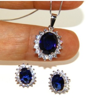 NSA|Parure 925 sterling silver pendant necklace earrings female big oval pave 'zirconia and sapphire blue light point