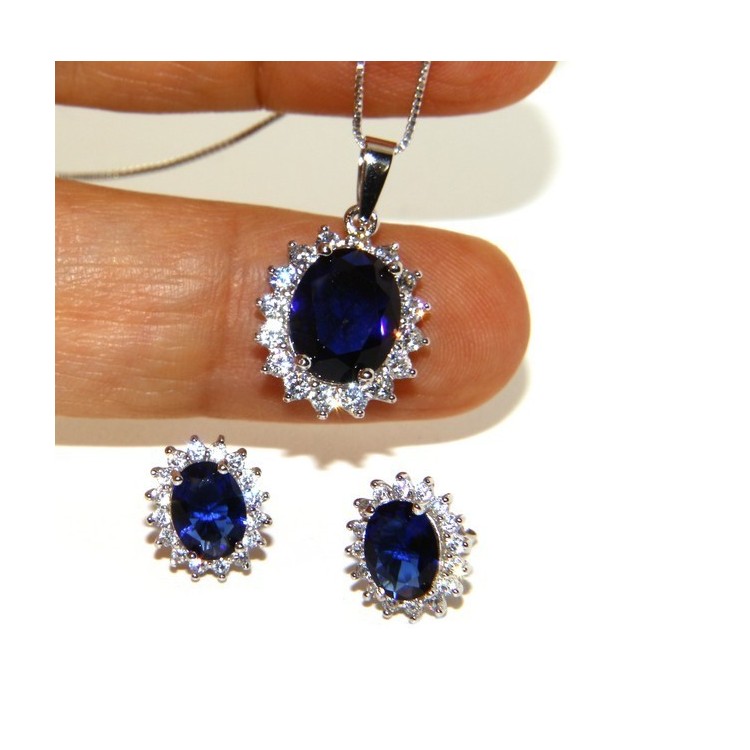 NSA|Parure argento 925 collana ciondolo orecchini donna big oval pave' zirconi e punto luce blu sapphire